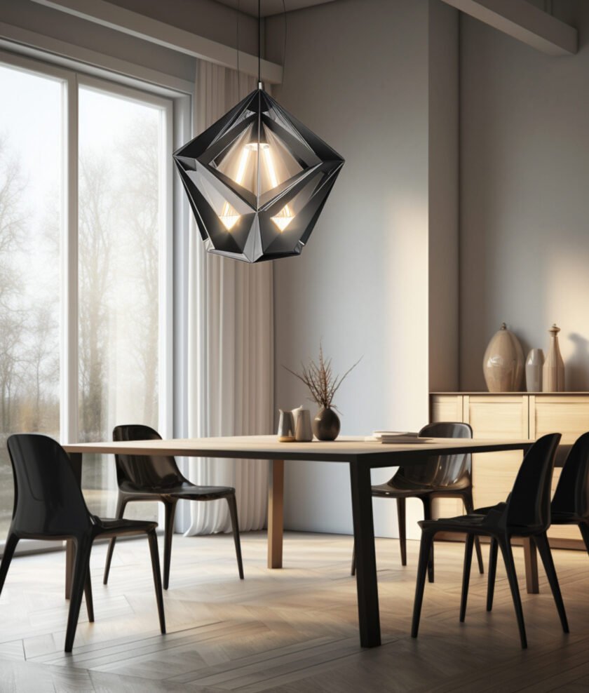 geometric pendant lamp in dining room, in the style of 32k uhd, detailed monochrome, martin rak, realistic yet stylized, sparse, angular linework, silhouette lighting, photorealistic details --v 5.2 Job ID: 7afe29d5-423f-46e1-a81f-5b977941ff8c